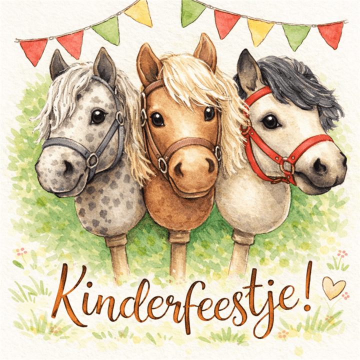 Illustratie van drie hobby horses onder een vlaggenlijn